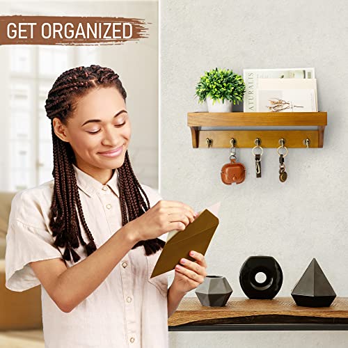 Rebee Vision Decorative Key Holder for Wall with Shelf: Farmhouse Mail Rack with 5 Sturdy Key Hooks for Home Decor, Apartment, Entryway and Hallway (Light Brown) - Image 4