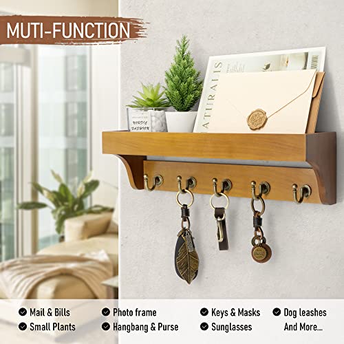 Rebee Vision Decorative Key Holder for Wall with Shelf: Farmhouse Mail Rack with 5 Sturdy Key Hooks for Home Decor, Apartment, Entryway and Hallway (Light Brown) - Image 2