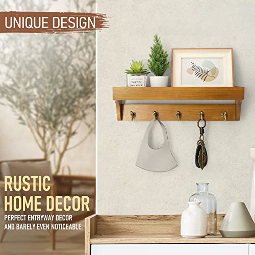 Rebee Vision Decorative Key Holder for Wall with Shelf: Farmhouse Mail Rack with 5 Sturdy Key Hooks for Home Decor, Apartment, Entryway and Hallway (Light Brown) - Image 3