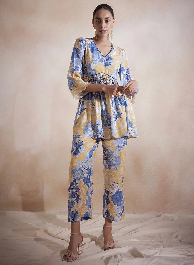 Femmella Floral Printed Embroidered Longline Top & Pants Co-Ords by Styli
