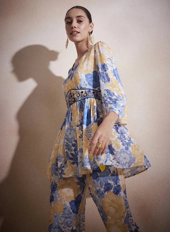 Femmella Floral Printed Embroidered Longline Top & Pants Co-Ords by Styli