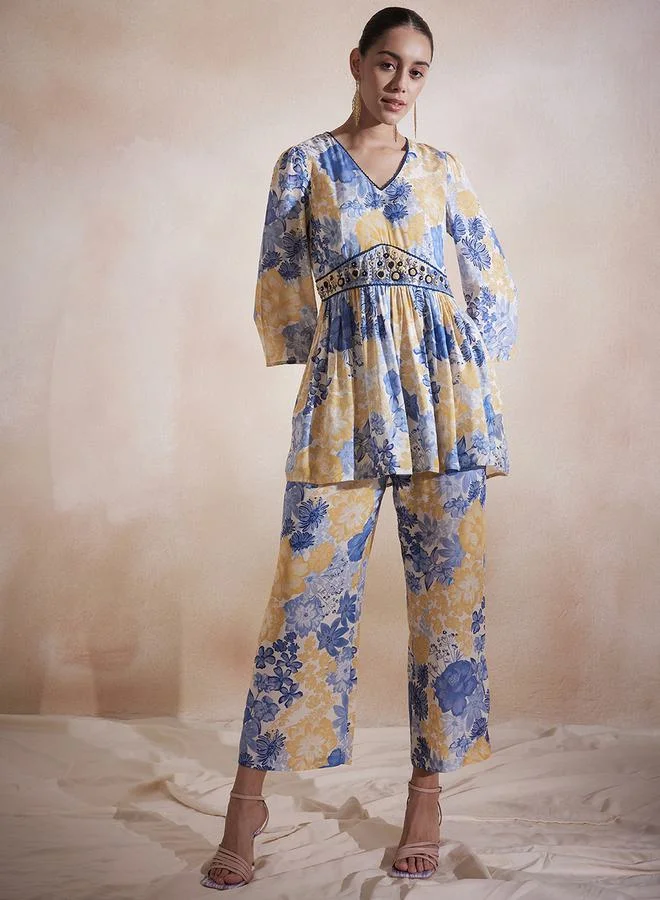 Femmella Floral Printed Embroidered Longline Top & Pants Co-Ords by Styli