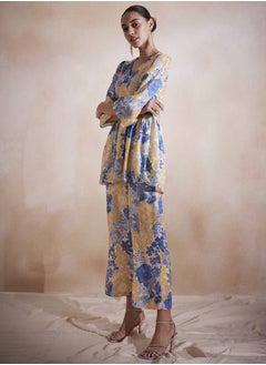 Femmella Floral Printed Embroidered Longline Top & Pants Co-Ords  - Image 3