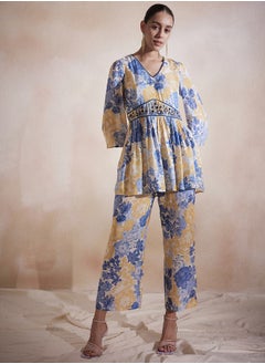 Femmella Floral Printed Embroidered Longline Top & Pants Co-Ords  - Image 1