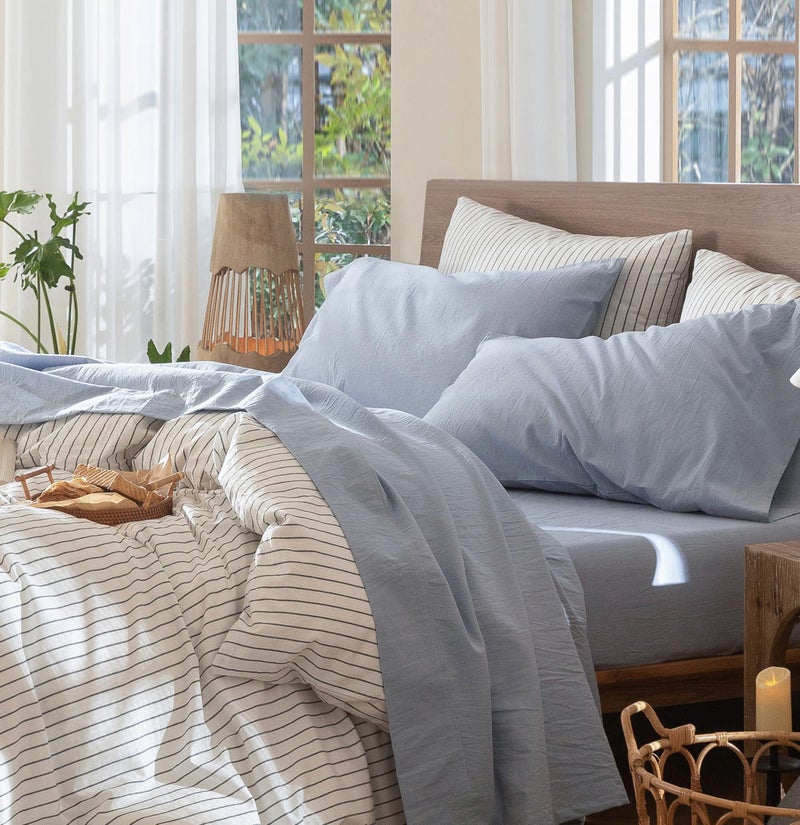 MooMee Bedding Sheet Set 100% Washed Cotton Linen Like Textured Breathable Durable Soft Comfy (Heathered Cornflower Blue, King) - Image 1