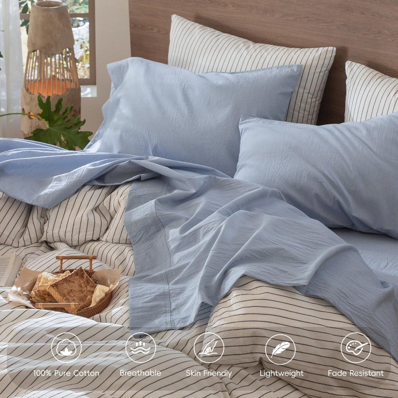 MooMee Bedding Sheet Set 100% Washed Cotton Linen Like Textured Breathable Durable Soft Comfy (Heathered Cornflower Blue, King) - Image 4