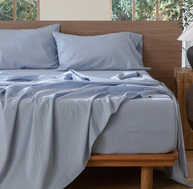 MooMee Bedding Sheet Set 100% Washed Cotton Linen Like Textured Breathable Durable Soft Comfy (Heathered Cornflower Blue, King) - Image 5