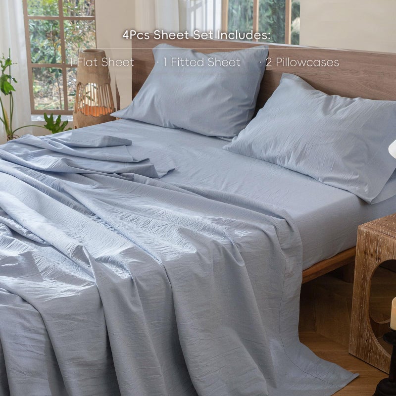 MooMee Bedding Sheet Set 100% Washed Cotton Linen Like Textured Breathable Durable Soft Comfy (Heathered Cornflower Blue, King) - Image 2
