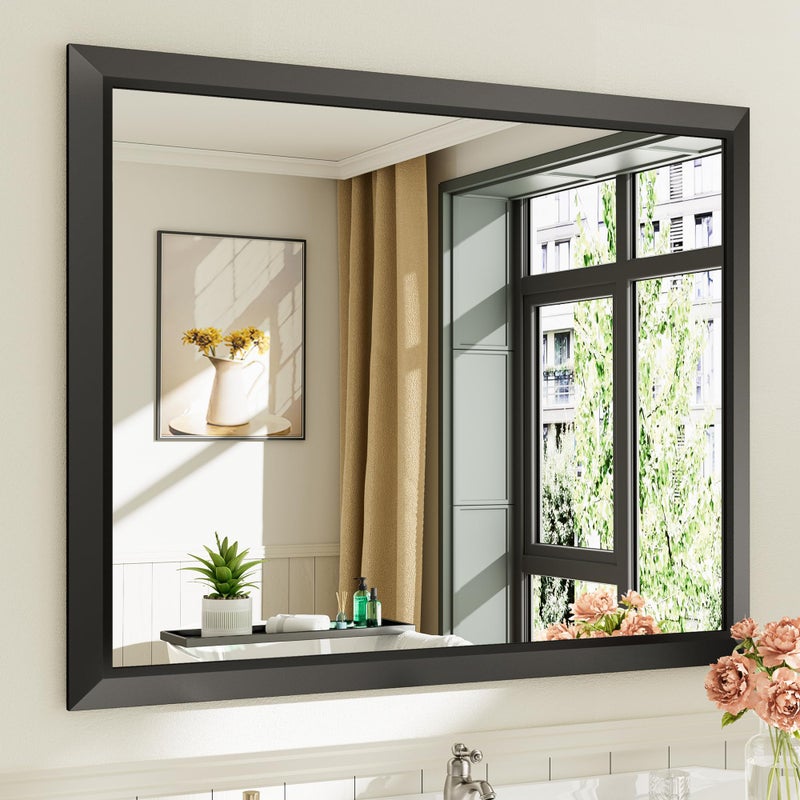 Briivue 40x32 Inch Black Bathroom Mirror for Wall, Thick Metal Framed Rectangle Mirrors for Over Sink, Bedroom, Living Room, Entryway, Anti-Rust, HD Tempered Glass - Image 1