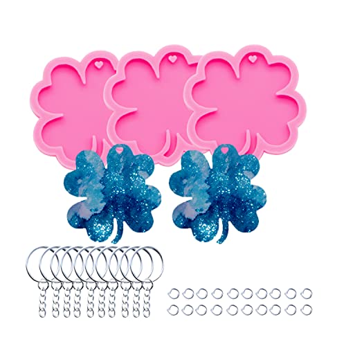 AMZTOART Silicone Mold with Hole Four-Leaf Clover Epoxy Casting Resin Mold for Keychain Pendant DIY Jewelry Crafts Making with 10Pc Key Ring (DY0255+DY0255+DY0255+PJ) - Image 1