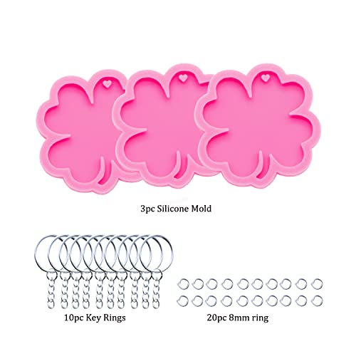 AMZTOART Silicone Mold with Hole Four-Leaf Clover Epoxy Casting Resin Mold for Keychain Pendant DIY Jewelry Crafts Making with 10Pc Key Ring (DY0255+DY0255+DY0255+PJ) - Image 2