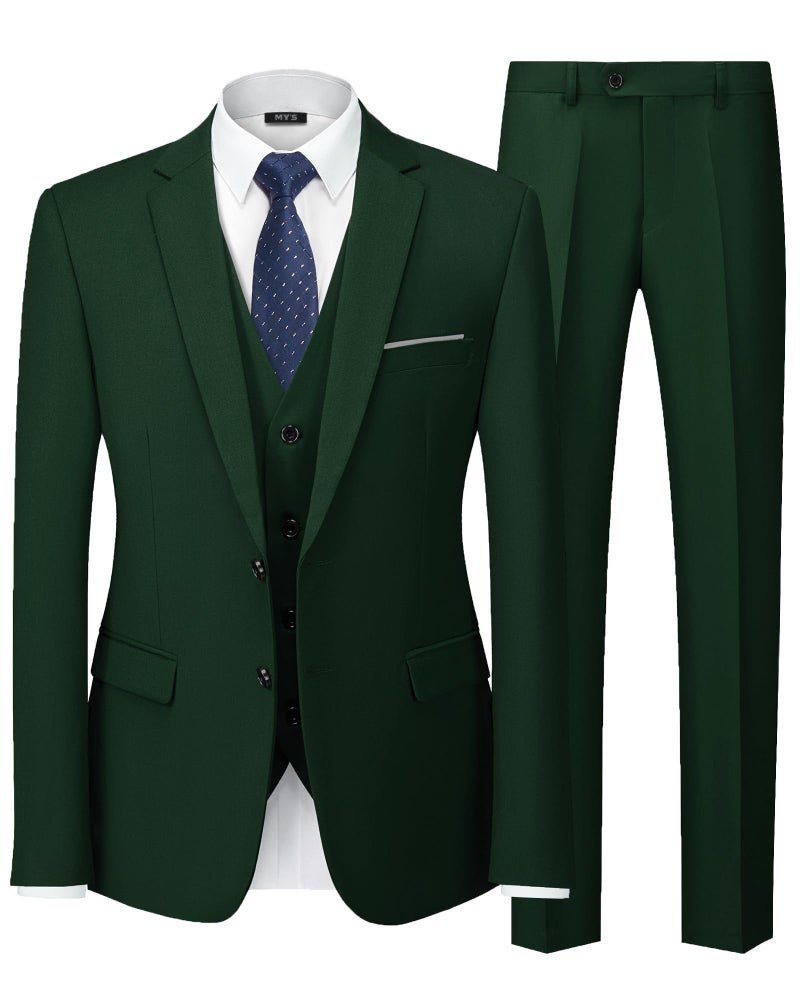 MYS Mens 3 Piece Slim Fit Suit Set with Tie 2 Button Blazer Jacket Vest Pants Business Wedding Party Prom Suit for Men Deep Green XXLarge