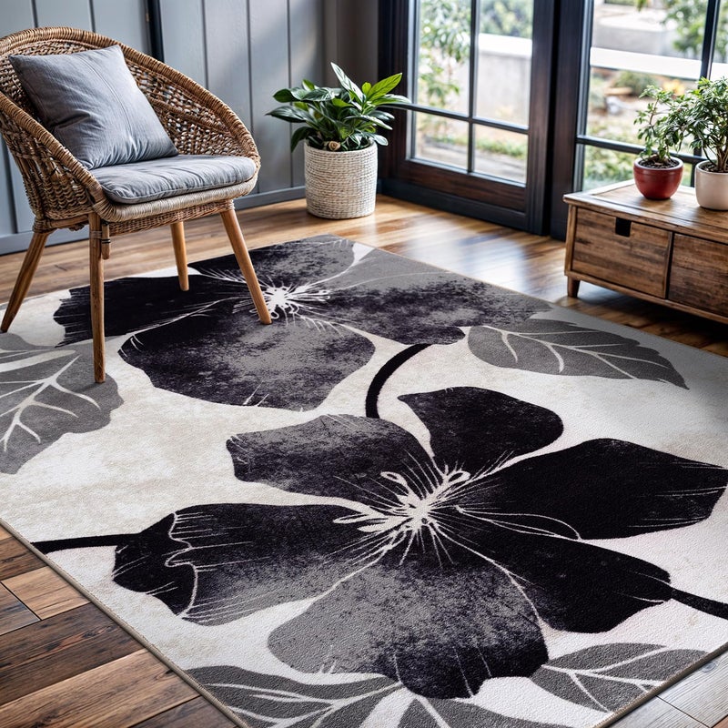 CAMILSON Solana Modern Floral 3'3" x 5' Area Rugs Non-Skid (Non-Slip) Rubber Backing Black - Gray Flowers Indoor Rug (3x5, Black Grey) - Image 1