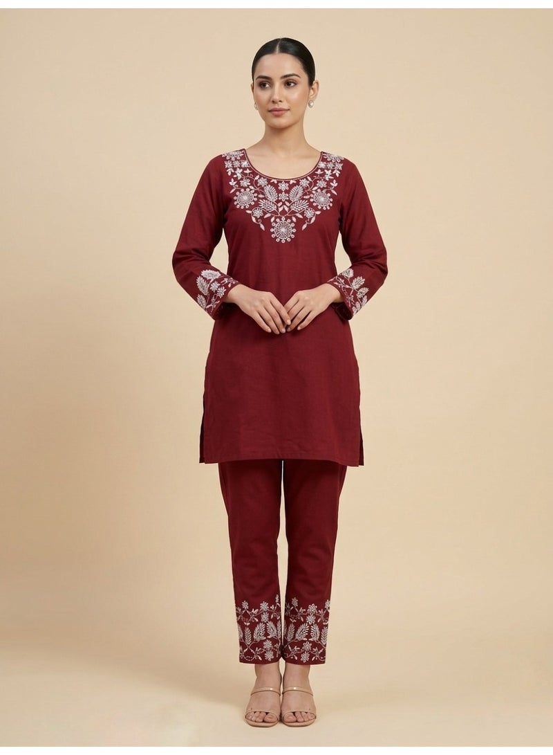 Lucky Kids Women’s Maroon Embroidered Kurta Pant Set with Floral Thread Work - Image 2