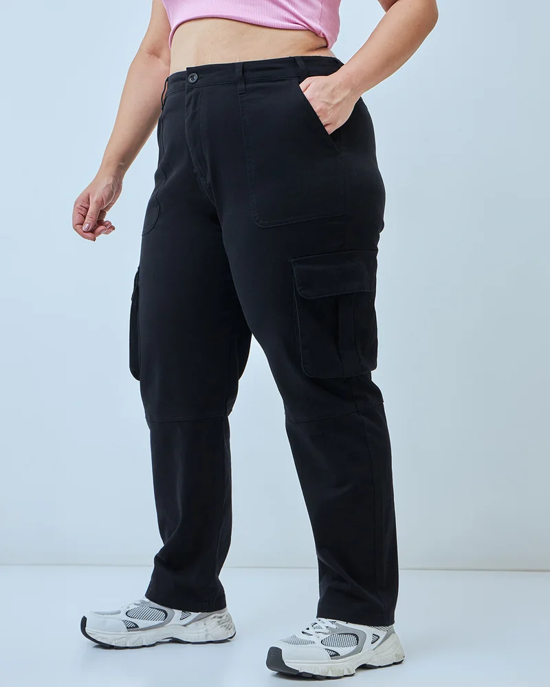 bewakoof Women's Black Plus Size Cargo Pants