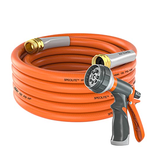 SPECILITE Garden Water Hose 25 ft x 5/8 in Heavy Duty, Flexible and Lightweight, Burst 600 psi, Kink-less Hybrid Rubber Pipe for Backyard, 3/4'' Brass Fittings, Orange - Image 1