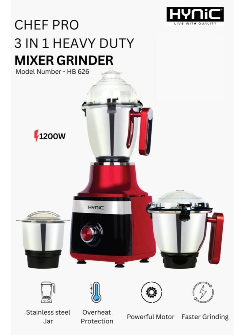 هاينك مطحنة الخلط الثقيلة Chef Pro بقوة 1200 واط | 3 جرار من الفولاذ المقاوم للصدأ (1.5 لتر، 1 لتر، 0.4 لتر) بأقفال أغطية بدون استخدام اليدين | محرك نحاسي 100٪ | شفرة مزج متفوقة ذات 6 زعانف وحماية من التحميل الزائد - Image 1