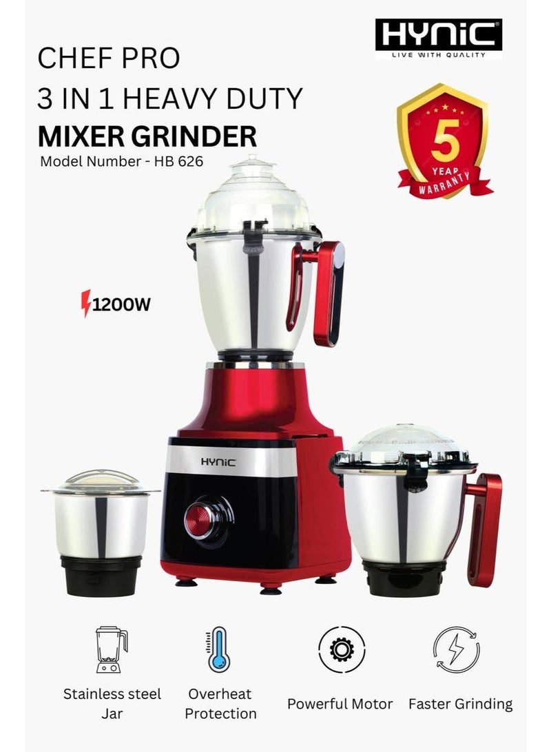 هاينك مطحنة الخلط الثقيلة Chef Pro بقوة 1200 واط | 3 جرار من الفولاذ المقاوم للصدأ (1.5 لتر، 1 لتر، 0.4 لتر) بأقفال أغطية بدون استخدام اليدين | محرك نحاسي 100٪ | شفرة مزج متفوقة ذات 6 زعانف وحماية من التحميل الزائد - Image 1
