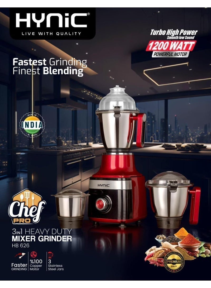 هاينك مطحنة الخلط الثقيلة Chef Pro بقوة 1200 واط | 3 جرار من الفولاذ المقاوم للصدأ (1.5 لتر، 1 لتر، 0.4 لتر) بأقفال أغطية بدون استخدام اليدين | محرك نحاسي 100٪ | شفرة مزج متفوقة ذات 6 زعانف وحماية من التحميل الزائد - Image 2