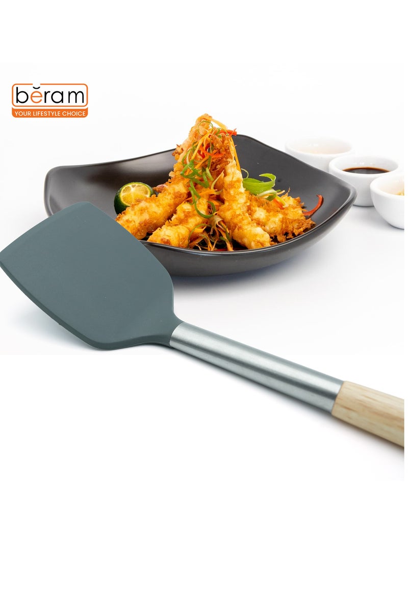 Beram Silicone Spatula Set with Wooden & Steel Handles, Heat-Resistant, BPA-Free, Non-Stick Safe  Grey (Single Turner) - Image 3