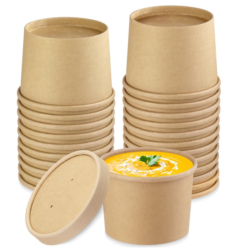 12 oz 25 Pack Paper Soup Containers with lids Disposable Kraft Food Cups Soup Cups Paper Ice Cream Cup Dessert Cup Yogurt Ice Cream Containers Great For Restaurants Take Outs or ToGo Lunch