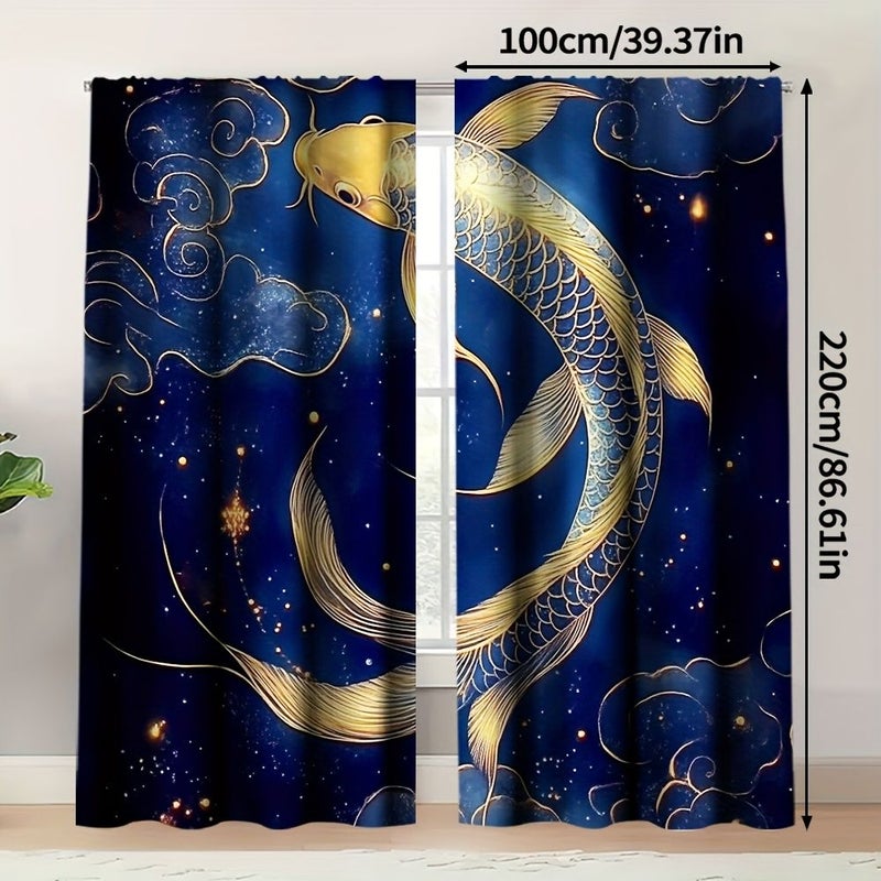 Set of 2 Decorative Curtains With Double Koi Fish Design 113x230cm Polyester for Kitchen Cafe Living Room Bedroom Home Decor - Image 3