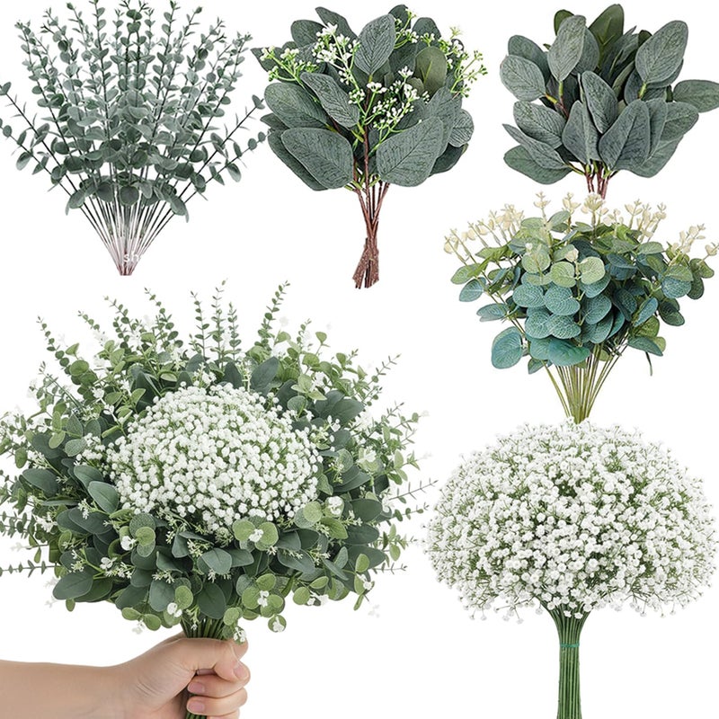 WONICE 120 Pcs 5 Mixed Eucalyptus Greenery Stems Artificial Baby Breath Flowers Bulk Eucalyptus Leaves Bundle Faux for DIY Wedding Decoration Bouquets Home Arrangement Floral Vase Decor - Image 1