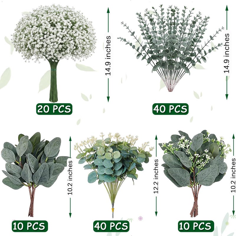 WONICE 120 Pcs 5 Mixed Eucalyptus Greenery Stems Artificial Baby Breath Flowers Bulk Eucalyptus Leaves Bundle Faux for DIY Wedding Decoration Bouquets Home Arrangement Floral Vase Decor - Image 5