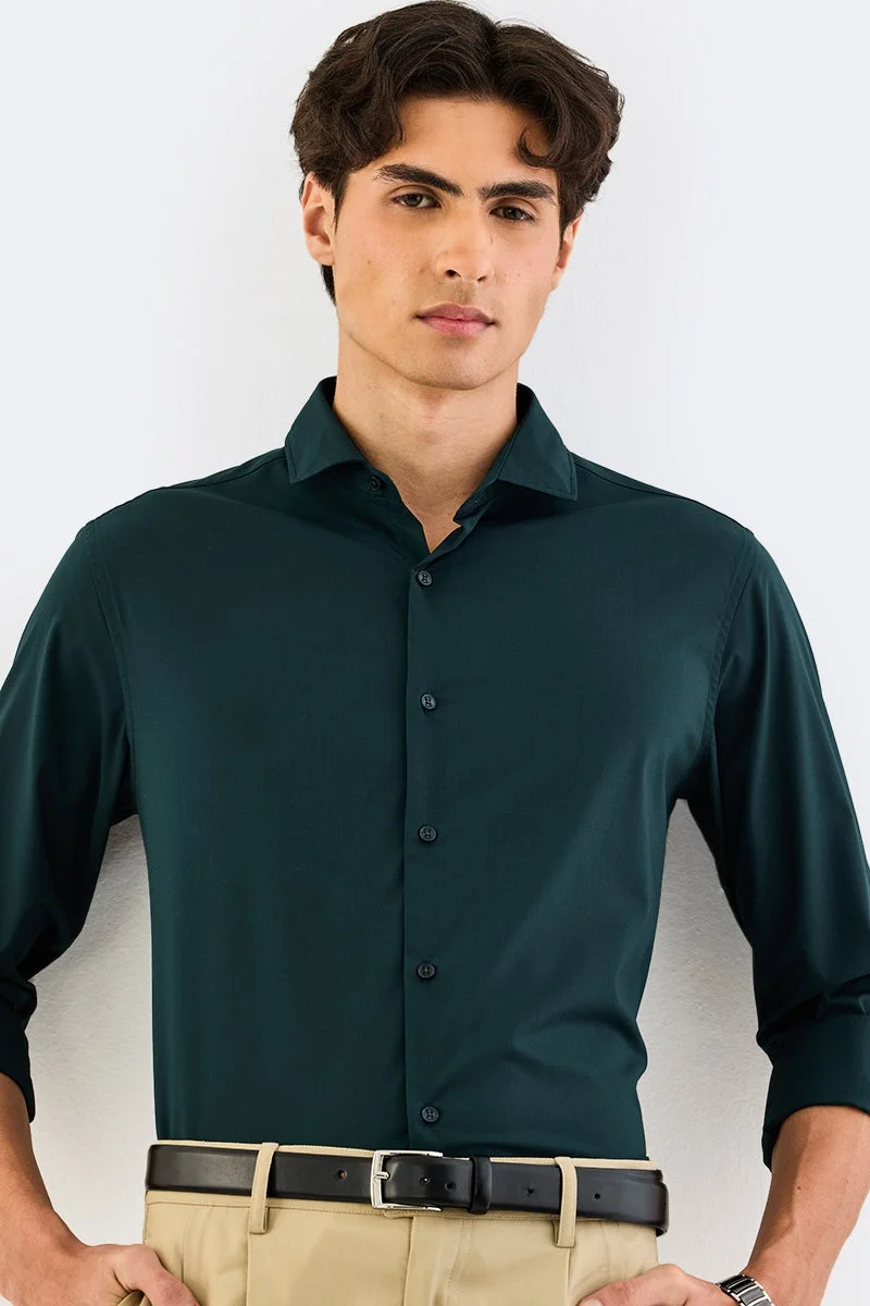 سنيتش Dark Green Solid Long Sleeve Slim Fit Formal Luxe Shirt