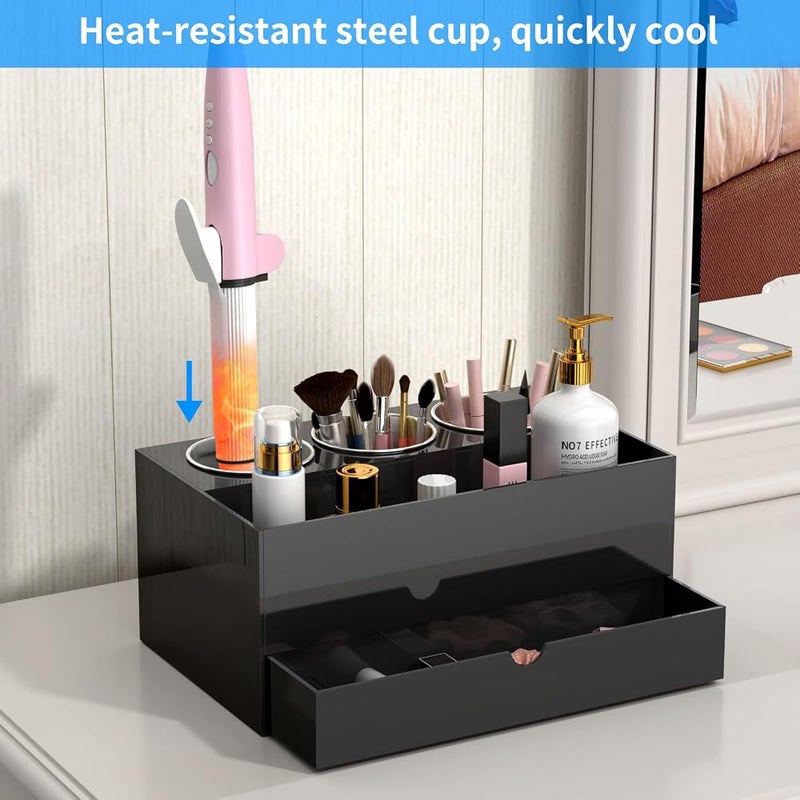 NIUBEE Hair Tool Organizer, Black Acrylic Hair Dryer and Styling Organizer with Drawer, Bathroom Countertop Blow Dryer Holder, Vanity Caddy Storage Stand for Accessories, Makeup, Toiletries - Image 3