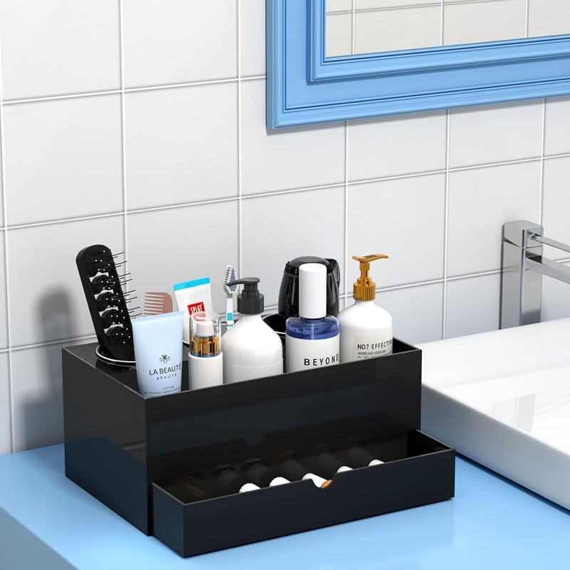 NIUBEE Hair Tool Organizer, Black Acrylic Hair Dryer and Styling Organizer with Drawer, Bathroom Countertop Blow Dryer Holder, Vanity Caddy Storage Stand for Accessories, Makeup, Toiletries - Image 4