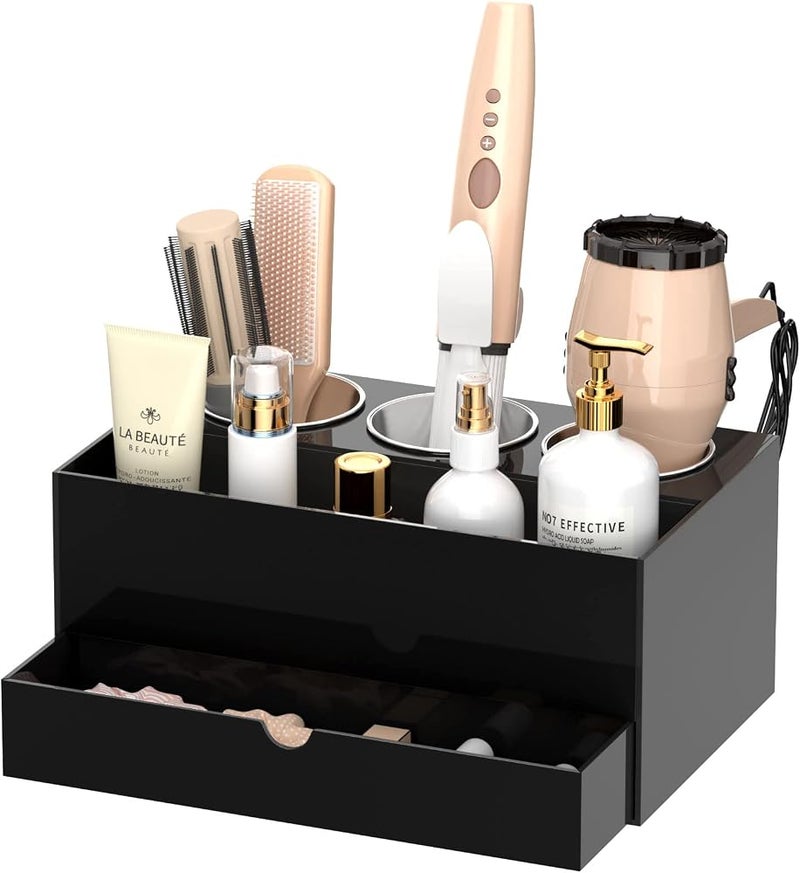 NIUBEE Hair Tool Organizer, Black Acrylic Hair Dryer and Styling Organizer with Drawer, Bathroom Countertop Blow Dryer Holder, Vanity Caddy Storage Stand for Accessories, Makeup, Toiletries - Image 1