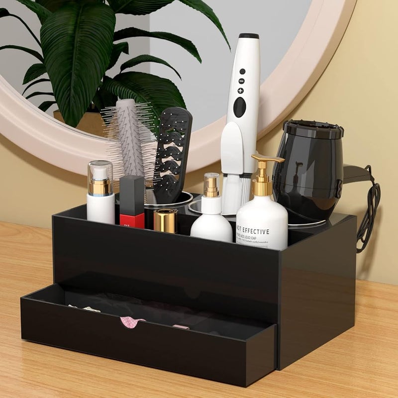 NIUBEE Hair Tool Organizer, Black Acrylic Hair Dryer and Styling Organizer with Drawer, Bathroom Countertop Blow Dryer Holder, Vanity Caddy Storage Stand for Accessories, Makeup, Toiletries - Image 5