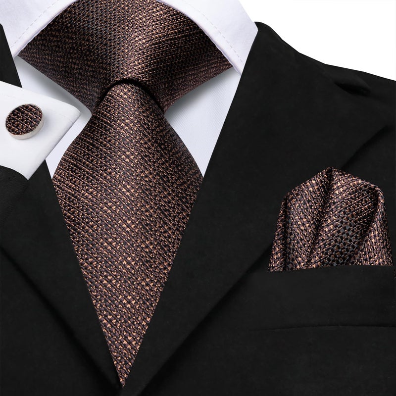 Dubulle Mens Paisley Striped Tie Silk Mens Necktie and PocketSquare Cufflinks Set Wedding Fomral Party,Dark Brown - Image 5