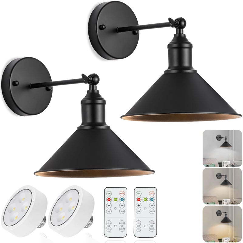 Vintage Black Wireless Battery Operated Wall Sconces Cordless LED Wall Lights Set of 2 with Remote Control for Bedroom Farmhouse Gallery Easy Setup Adjustable Brightness LongLasting Battery