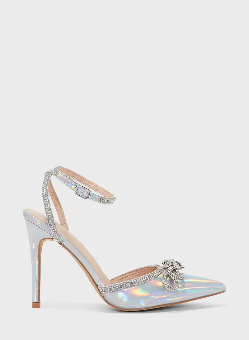 Truffle Iridenscent Diamante Bow And Trim Pointed Pump