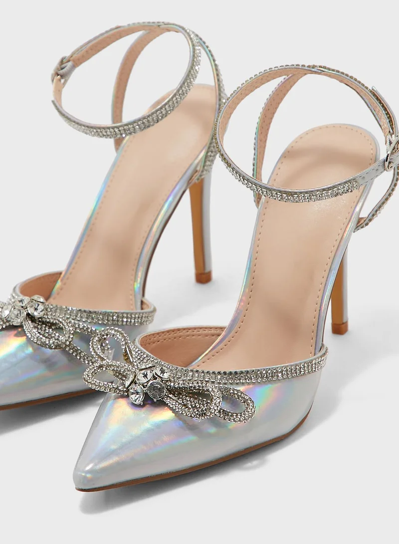 Truffle Iridenscent Diamante Bow And Trim Pointed Pump