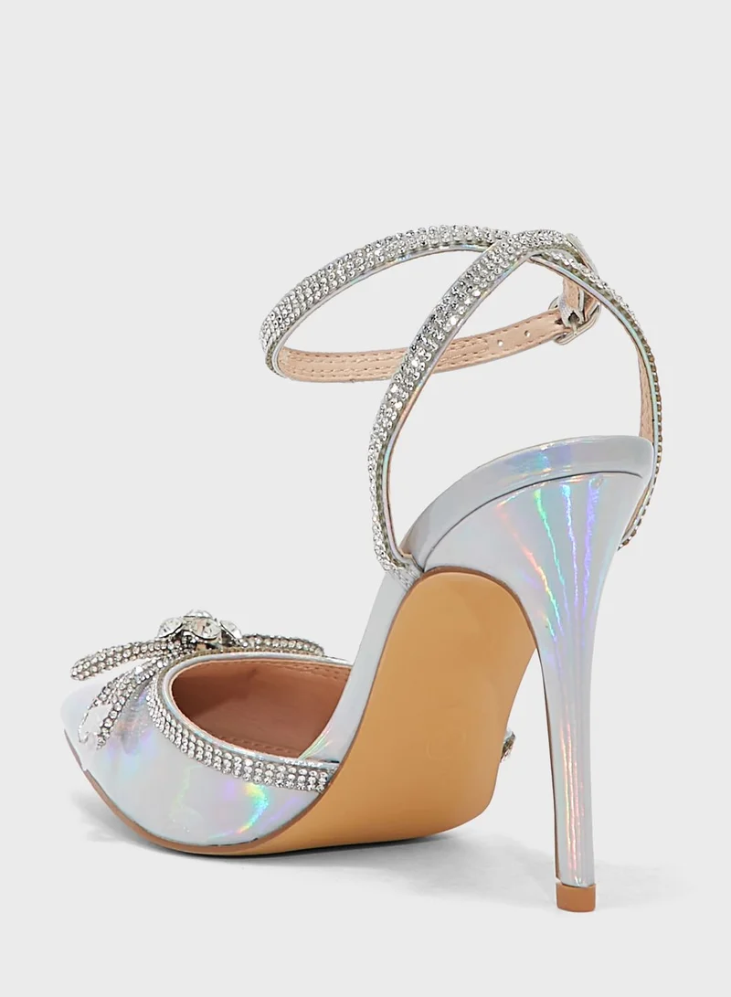 Truffle Iridenscent Diamante Bow And Trim Pointed Pump