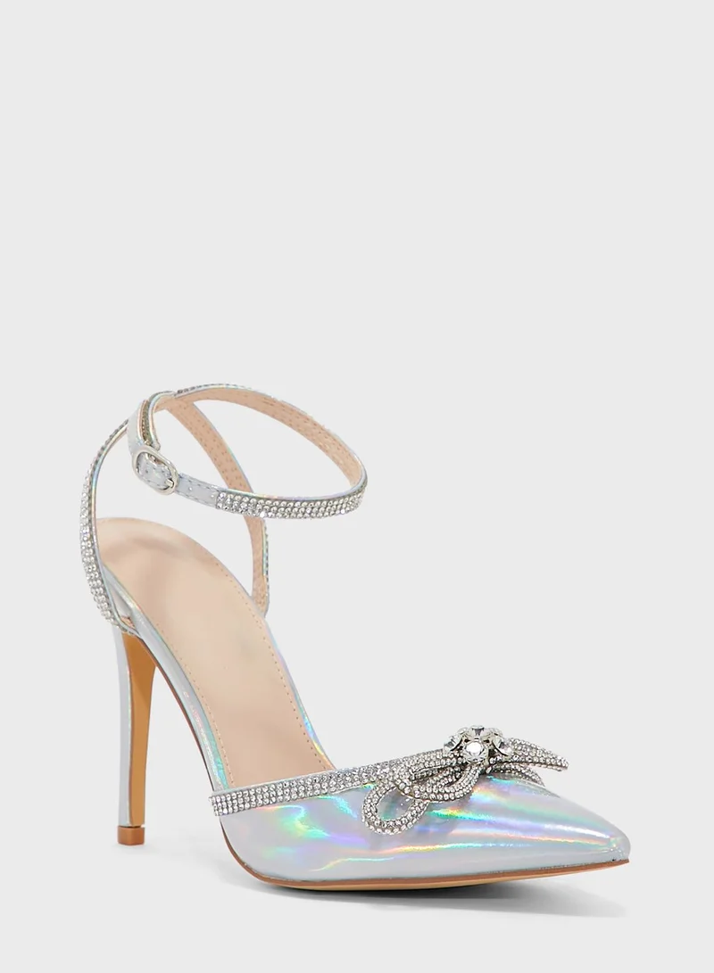 Truffle Iridenscent Diamante Bow And Trim Pointed Pump