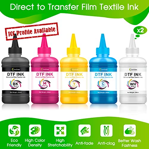 CenDale Premium DTF Ink 1500ML - DTF Transfer Ink for PET Film, Refill DTF Ink for Epson ET-8550, L1800, L800, R2400, P400, P800, XP15000, Heat Transfer Printing Direct to Film (250ml x 6, CMYK Wh) - Image 2