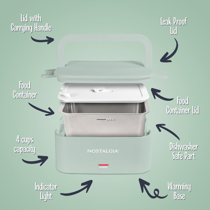 Nostalgia 32-Ounce Heated Electric Lunch Box â€“ Travel Size 4 Cup Capacity for Soup, Pasta, and Leftovers â€“ Leak-Proof Silicone Sealed Lid, Foldable Carry Handle, Detachable Cord â€“ Sage - Image 3