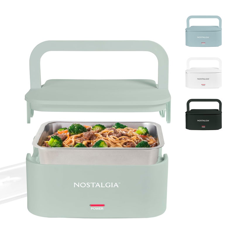 Nostalgia 32-Ounce Heated Electric Lunch Box â€“ Travel Size 4 Cup Capacity for Soup, Pasta, and Leftovers â€“ Leak-Proof Silicone Sealed Lid, Foldable Carry Handle, Detachable Cord â€“ Sage - Image 1