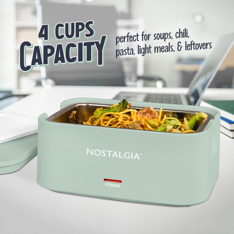 Nostalgia 32-Ounce Heated Electric Lunch Box â€“ Travel Size 4 Cup Capacity for Soup, Pasta, and Leftovers â€“ Leak-Proof Silicone Sealed Lid, Foldable Carry Handle, Detachable Cord â€“ Sage - Image 4
