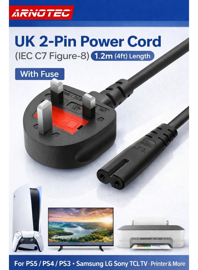ARNOTEC 1.2m British standard 2-pin power cord 8-shaped AC power adapter cable for Samsung LG Sony TCL TV/PS3 PS4 PS5/HP printer/speaker/notebook/audio equipment - British standard plug with fuse - Image 1
