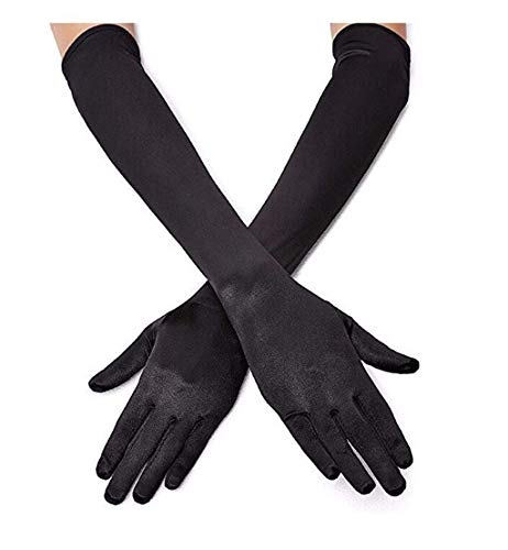 DreamHigh Women's Party Wedding 21" Long Satin Finger Gloves Black - Image 1