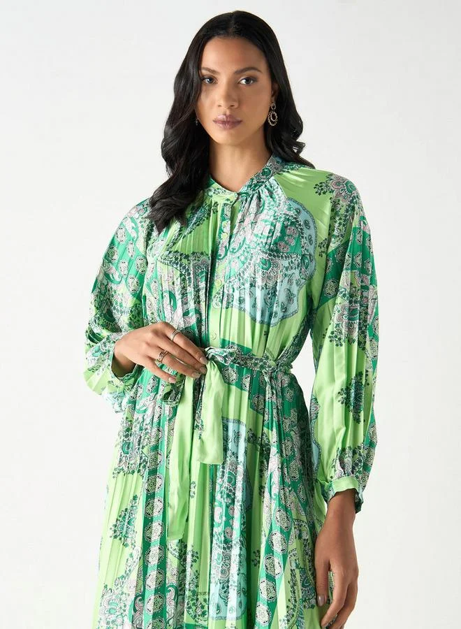 2Xtremz 2Xtremz All-Over Print Maxi A-line Dress with Mandarin Collar and Tie-Ups