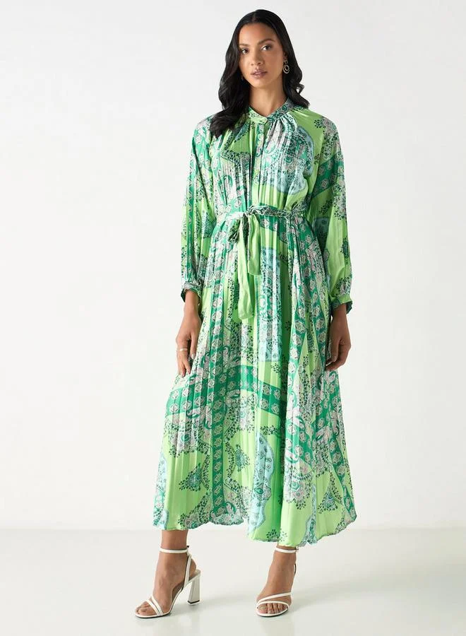 2Xtremz 2Xtremz All-Over Print Maxi A-line Dress with Mandarin Collar and Tie-Ups