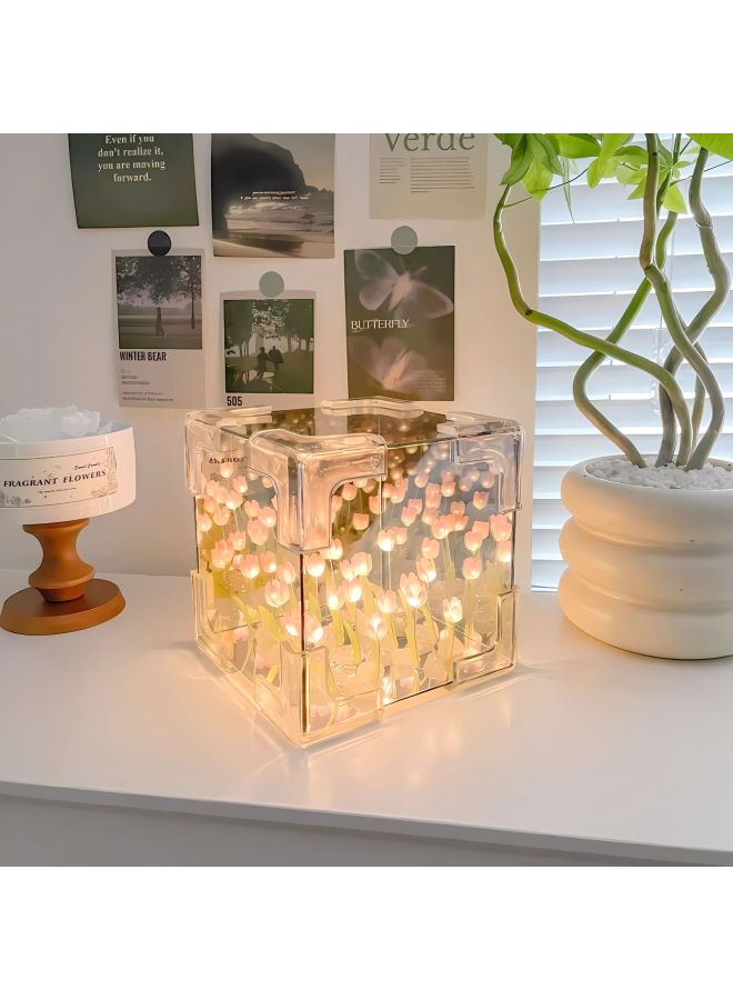 Tulip Sea Rubik's Cube Nightlight Material Bag Handmade Diy To Send Girlfriend Couple Girlfriends Gift-Specifications:10*10cm [20 Blue] Plastic Tulip + Battery Light String Material Package (opp Bag)  - Image 1