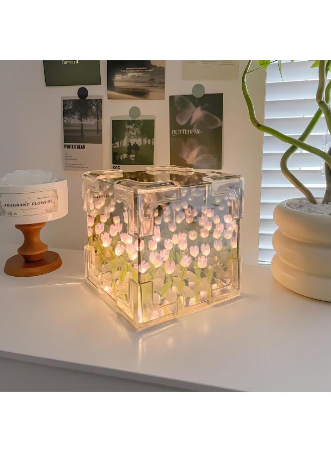 Tulip Sea Rubik's Cube Nightlight Material Bag Handmade Diy To Send Girlfriend Couple Girlfriends Gift-Specifications:10*10cm [20 Blue] Plastic Tulip + Battery Light String Material Package (opp Bag)  - Image 2