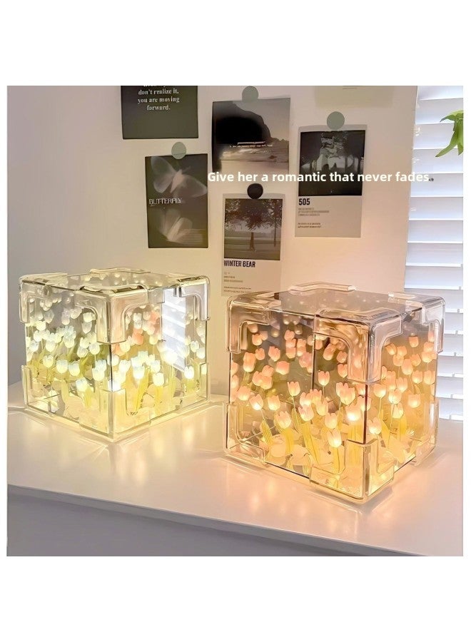 Tulip Sea Rubik's Cube Nightlight Material Bag Handmade Diy To Send Girlfriend Couple Girlfriends Gift-Specifications:10*10cm [20 Blue] Plastic Tulip + Battery Light String Material Package (opp Bag)  - Image 3